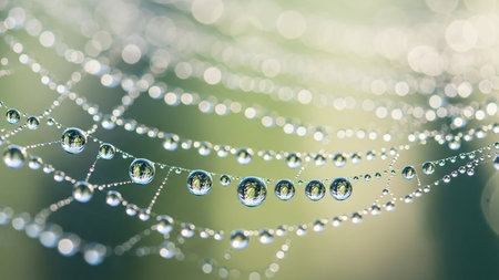 An intricate spider web is covered with countless small water droplets, creating a sparkling effect against a soft, blurred green background with...の素材