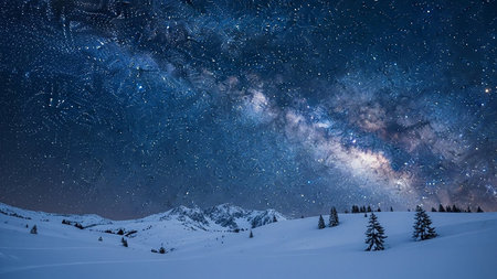 The Milky Way galaxy shines brightly in a dark blue sky above snow-covered mountains and trees.の素材