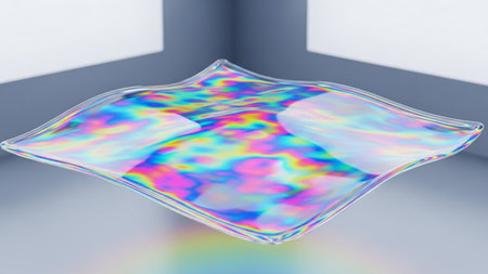 A square-shaped, iridescent liquid surface displaying vibrant rainbow colors, set against a minimalist geometric background.の素材