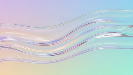 A smooth, iridescent fluid wave flows across a soft pastel gradient background of pink, aqua, and peach.の素材
