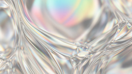A macro abstract of an iridescent crystalline surface with soft rainbow light refractions and a fluid, translucent texture.の素材