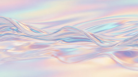 An iridescent holographic surface with soft pastel colors and gentle waves, reflecting light in a shimmering display.の素材