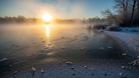 Golden sunrise breaks through mist over a partially frozen lake, with frost coating the shore and reeds.の素材