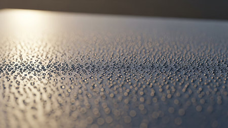 A macro close-up reveals a textured surface covered in numerous tiny, clear water droplets, creating a detailed and refreshing pattern.の素材