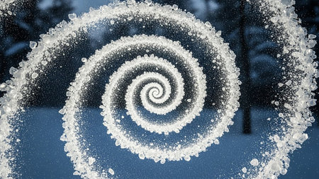 A dynamic spiral of ice crystals and snow forms a swirling vortex against a blurred winter background.の素材