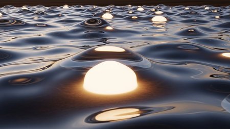 A dark, liquid surface with numerous glowing spheres creating ripples and waves in an abstract, futuristic design.の素材