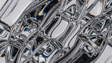 Abstract close-up of clear glass with distorted reflections and light refractions creating a complex, shiny texture.の素材