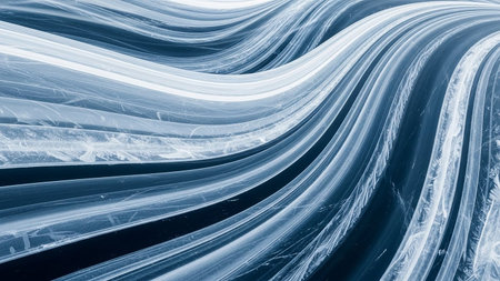 Abstract pattern of flowing blue and white wavy lines with a sense of depth and light.の素材