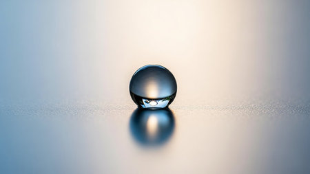 A single, perfectly spherical water droplet sits on a smooth, reflective surface, catching light and showing a subtle reflection.の素材