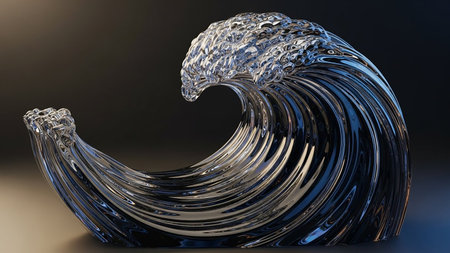 Sculptural clear glass wave with intricate details and dramatic lighting against a dark background.の素材