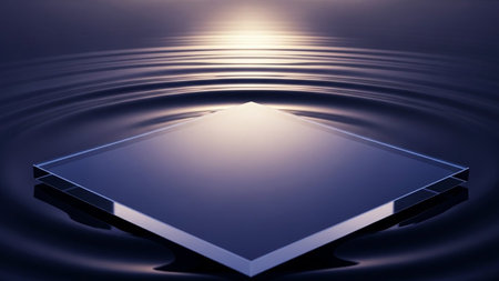 A square glass platform floats on a dark, rippling water surface illuminated by a bright, glowing light reflection.の素材