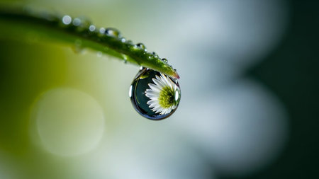 A single dewdrop on a green leaf edge reflects a clear image of a white daisy flower. Clear details and vibrant colors enhance visual appeal.の素材