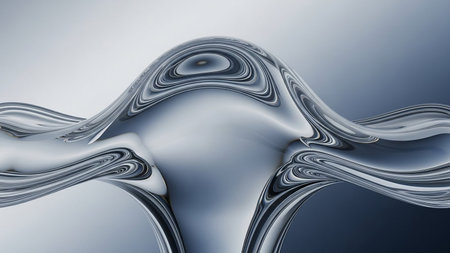 Abstract close-up of a smooth metallic liquid wave with intricate swirling patterns against a gradient background.の素材