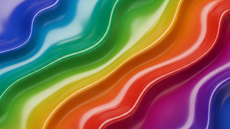 Abstract vibrant rainbow waves with a glossy smooth texture and subtle light reflections creating a cheerful and energetic background.の素材
