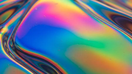 A vibrant, abstract background featuring swirling liquid with intense rainbow and holographic colors, creating a mesmerizing fluid pattern.の素材