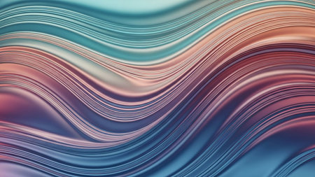 A smooth, wavy abstract background with a metallic sheen, featuring flowing lines in soft teal, peach, and blue tones.の素材