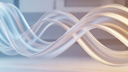 A translucent, twisted ribbon shape with smooth curves, illuminated by a soft gradient of blue and golden light.の素材