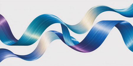 Three smooth, flowing ribbons in shades of blue, purple, and cream with a metallic sheen create an abstract, elegant design on a white background.の素材