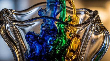 Colorful blue, green, and yellow liquids pouring into a clear glass vessel, creating abstract shapes and bubbles.の素材