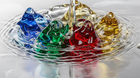 Macro view of vibrant colored liquid drops splashing into water creating abstract shapes and ripplesの素材