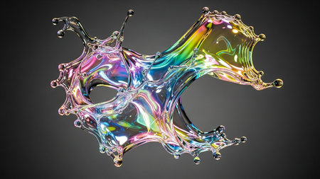A dynamic splash of iridescent liquid with rainbow colors and small droplets frozen in motion against a dark gradient background.の素材
