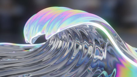 A close-up of a dynamic liquid wave with iridescent rainbow colors shimmering on its surface, reflecting light.の素材