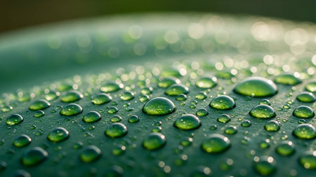 Macro view of numerous sparkling dew drops scattered across a textured green leaf surface with soft bokeh in the background.の素材