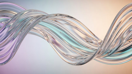 A translucent, twisted liquid form with a soft pastel color gradient and small bubbles, showcasing smooth curves and light reflections.の素材