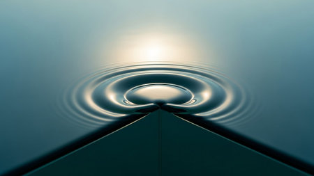 Concentric ripples spread across a smooth, reflective water surface, originating from a sharp, dark geometric corner, catching a bright light.の素材