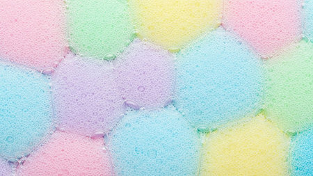 A close-up macro view of pastel-colored soap bubbles forming a hexagonal pattern with small air bubbles.の素材