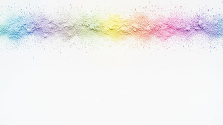 Scattered fine powder in rainbow colors is spread across a white background, offering ample copy space.の素材