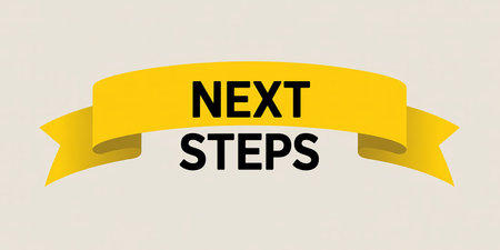 Yellow ribbon banner with the words "NEXT STEPS" in black text on a light beige backgroundの素材