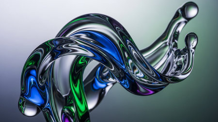 An abstract sculpture of swirling liquid metal with vibrant blue and green reflections, showcasing a fluid and dynamic form.の素材