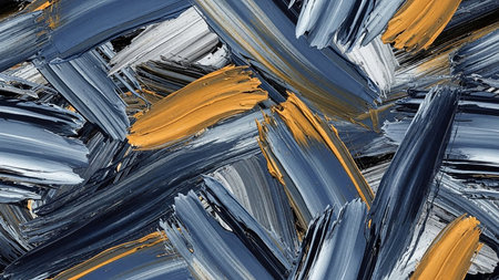 An abstract background composed of thick, energetic brush strokes in shades of blue, grey, and yellow.の素材