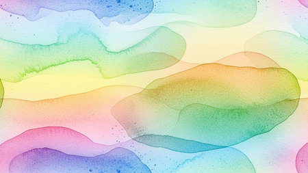 An abstract watercolor background with soft, blended pastel rainbow colors and organic shapes.の素材