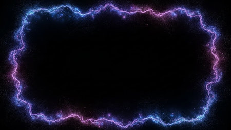 A jagged frame of electric blue and purple lightning with glowing sparks on a dark, black background.の素材