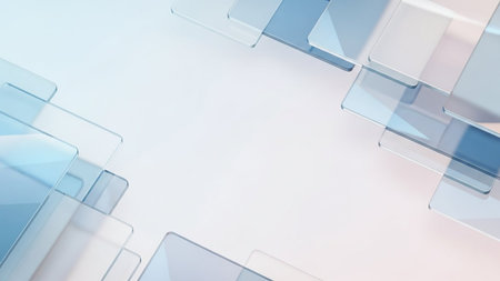 Overlapping translucent glass squares in soft blue and pink hues create a clean, abstract geometric background with ample copy space.の素材