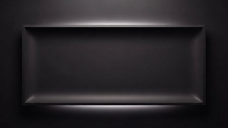 A dark, empty rectangular shelf with subtle illumination along the top and bottom edges, creating a minimalist display area.の素材