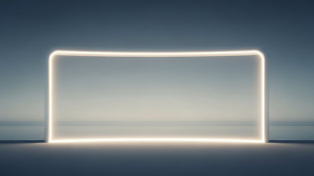 A curved, translucent screen with a bright yellow light outline, set against a dark, minimalist background, suggesting a modern display.の素材