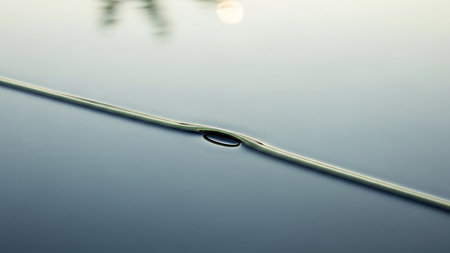 A thin metal rod creates subtle ripples on the surface of dark, calm water, with soft light reflecting on the surface.の素材