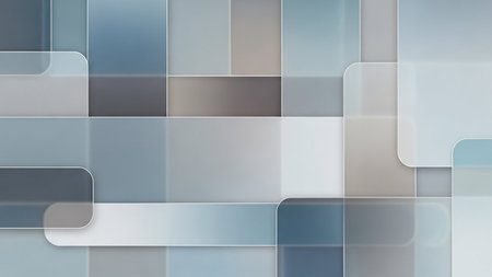 A geometric abstract background composed of overlapping translucent rectangles and squares in shades of blue and grey.の素材