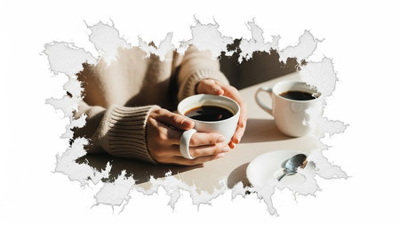 A person's hands hold a white mug of black coffee, with another cup and saucer nearby, framed by a white ink splatter effect.の素材