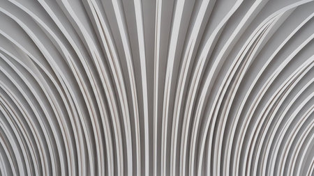 An abstract architectural ceiling features repeating curved white ribs creating a symmetrical ribbed pattern.の素材