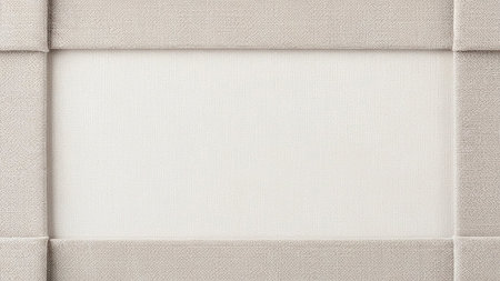 A textured fabric frame border in neutral beige tones surrounds a plain white canvas center with ample copy space.の素材