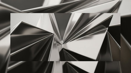 An abstract metallic sculpture featuring sharp geometric angles and highly reflective surfaces, creating a complex and modern design.の素材