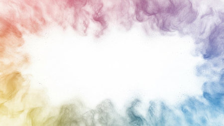 A vibrant explosion of colorful powder forms a frame around a white space, with particles scattered outwards.の素材