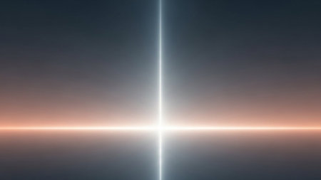 An abstract image featuring a bright, glowing neon cross shape formed by intersecting light beams against a dark gradient sky.の素材