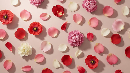 Assorted red, pink, and white flower petals and blooms are scattered in a flat lay arrangement.の素材