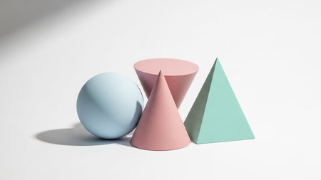 Arranged showing pastel geometric shapes arranged on a white background. High resolution image suitable for commercial use.の素材