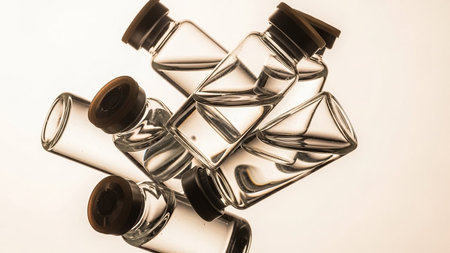 A close-up studio shot of a pile of clear glass medical vials with brown rubber stoppers on a white background.の素材
